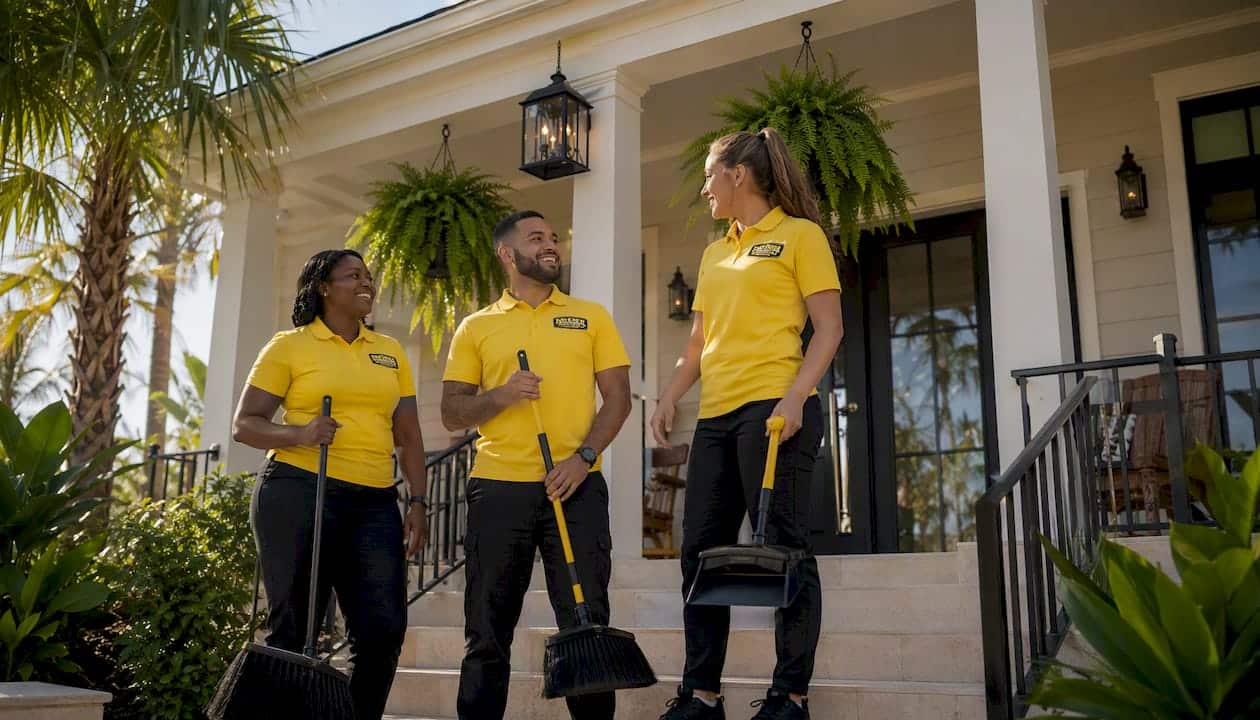 Florida cleaning crew at coastal home entrance