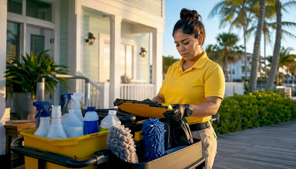 Cleaner using tablet outside tropical property