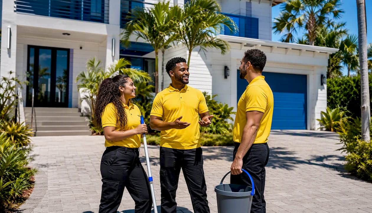Professional cleaning team outside Florida coastal home