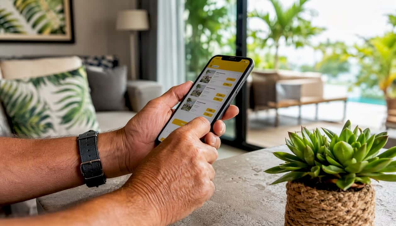 Hands holding smartphone with cleaning booking app in Florida home