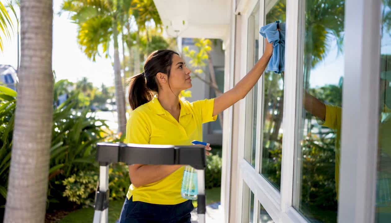 Cleaning crew member cleaning window at Tampa home