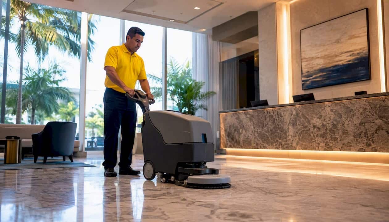Staff cleaning commercial lobby floor with scrubber machine