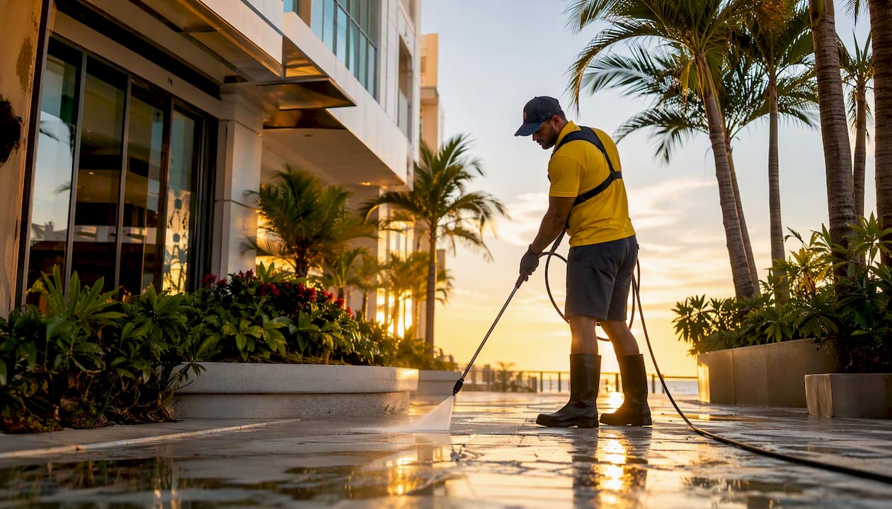 Cleaning staff pressure washing Florida commercial building exterior