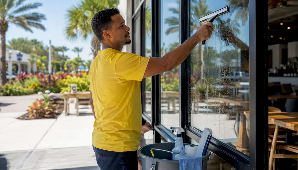 Close-up of squeegee cleaning storefront window