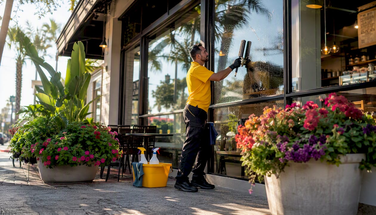 Cleaner washing storefront window with squeegee
