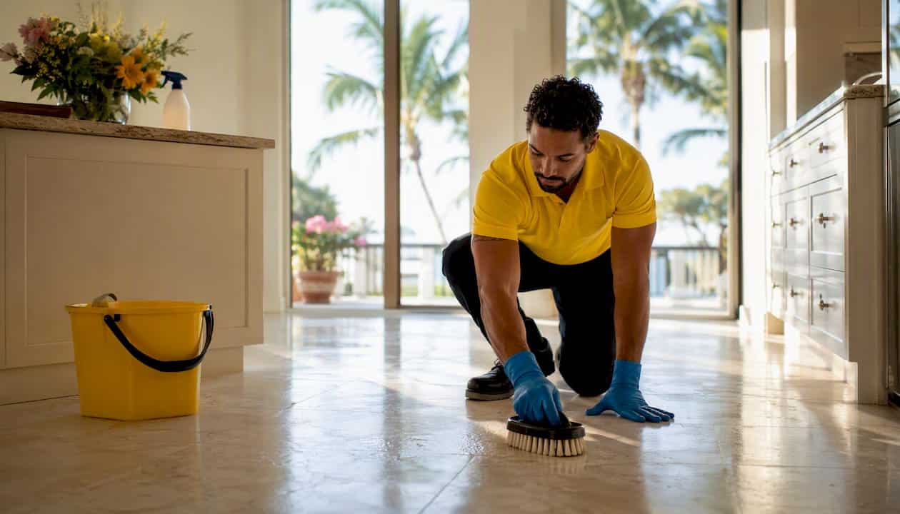 Cleaning technician mopping floor in Florida home