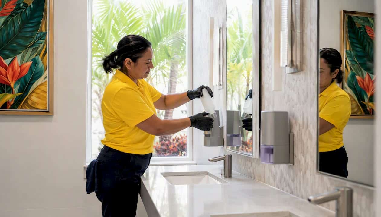 Technician restocking soap dispenser in office restroom