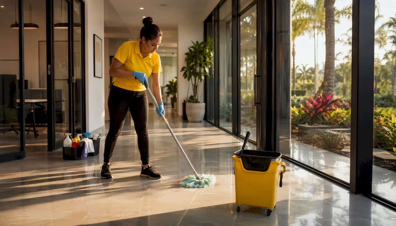 Cleaner mopping office hallway in Florida