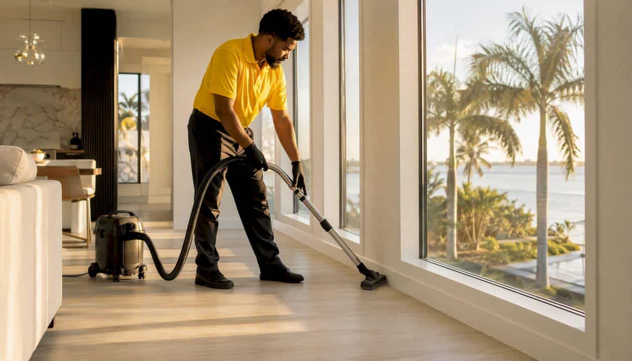 Cleaner vacuuming with HEPA vacuum indoors