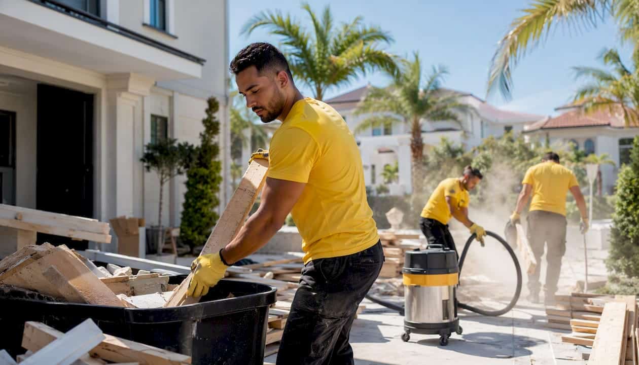 Construction cleaning crew removing debris outdoors