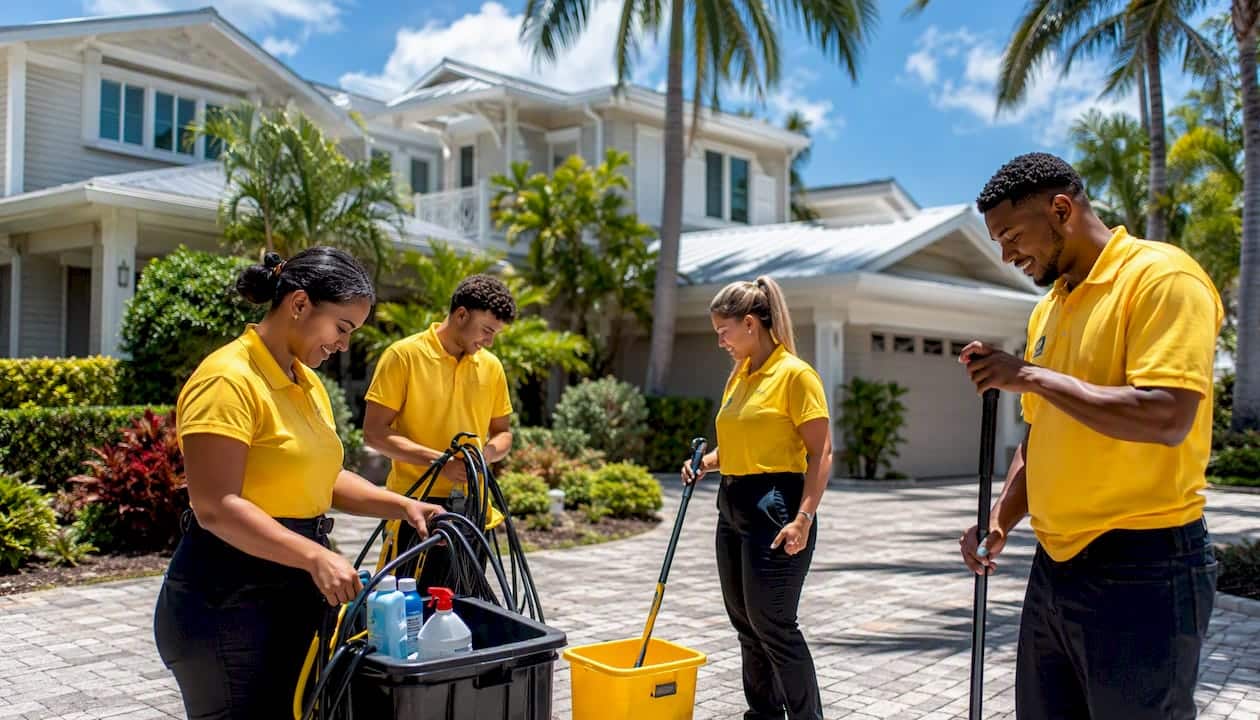Cleaning crew unloading supplies by Florida home