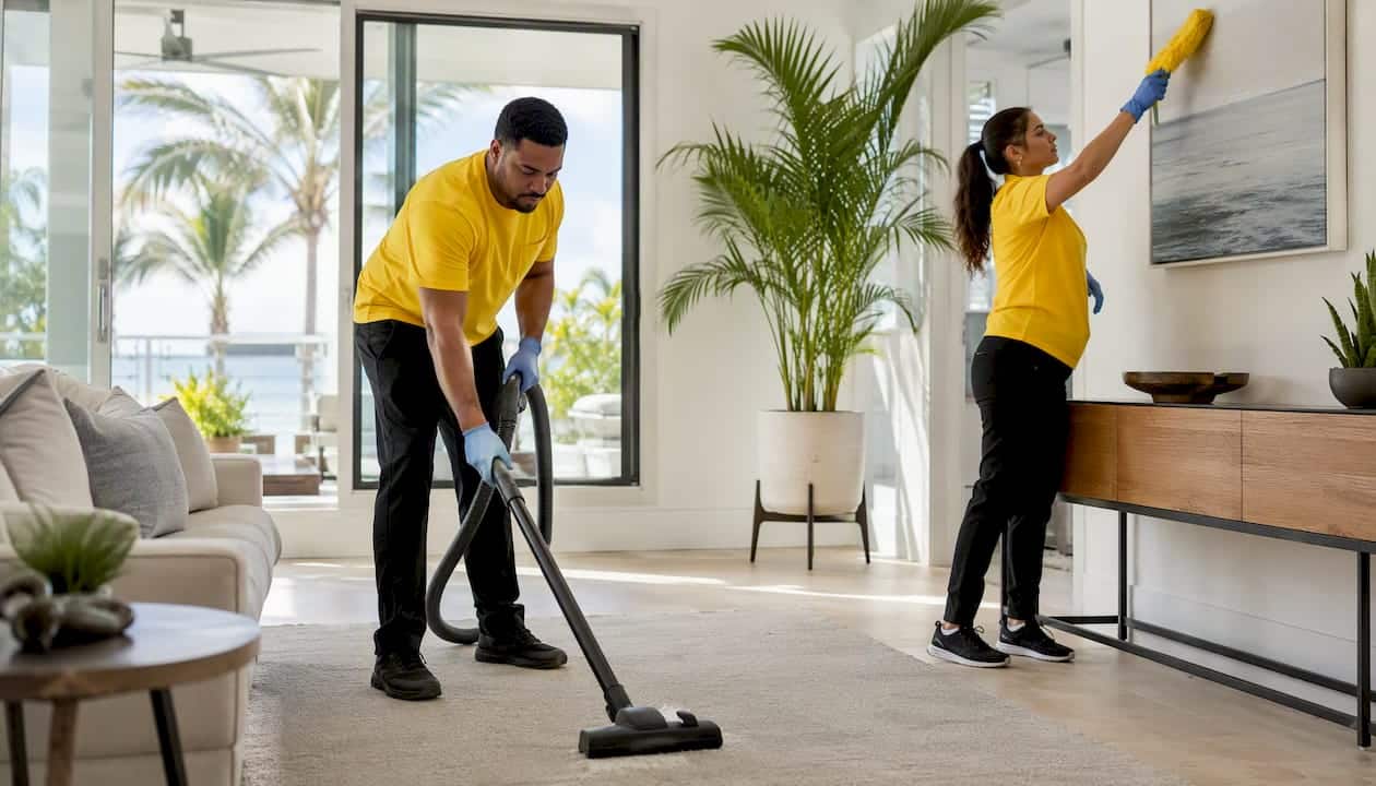 Cleaning crew performing detailed first home clean