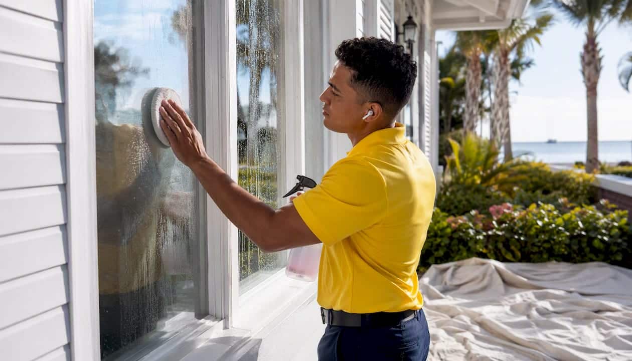Cleaner applying CLR on window stains