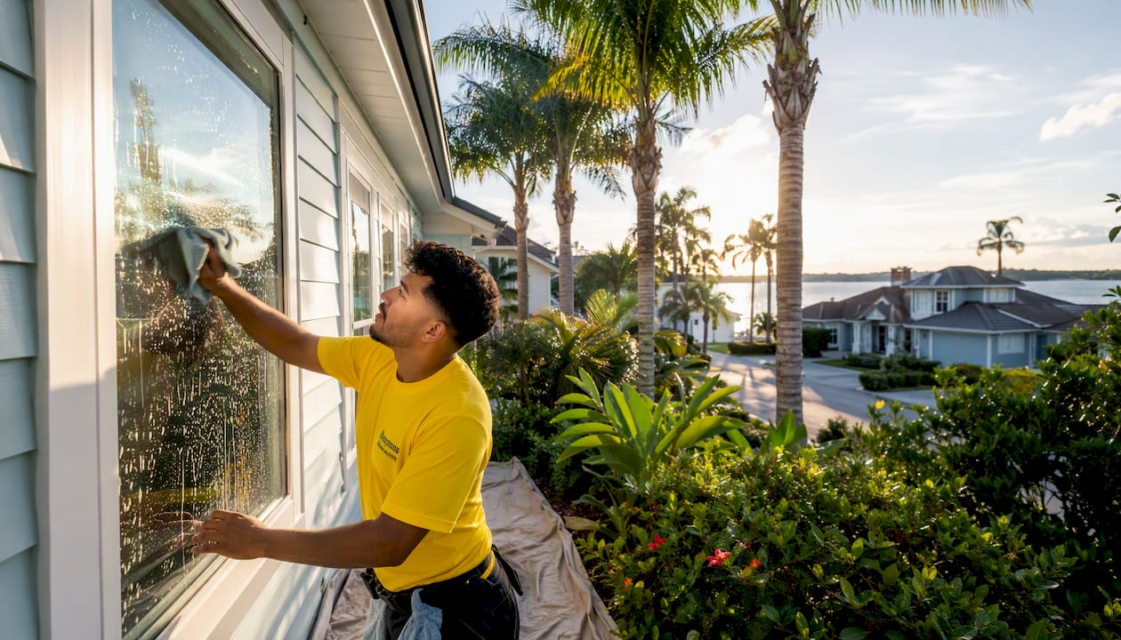 Cleaner washing window with soapy water
