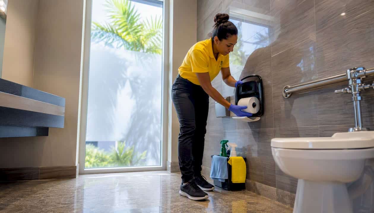 Cleaner refilling soap dispenser in commercial restroom