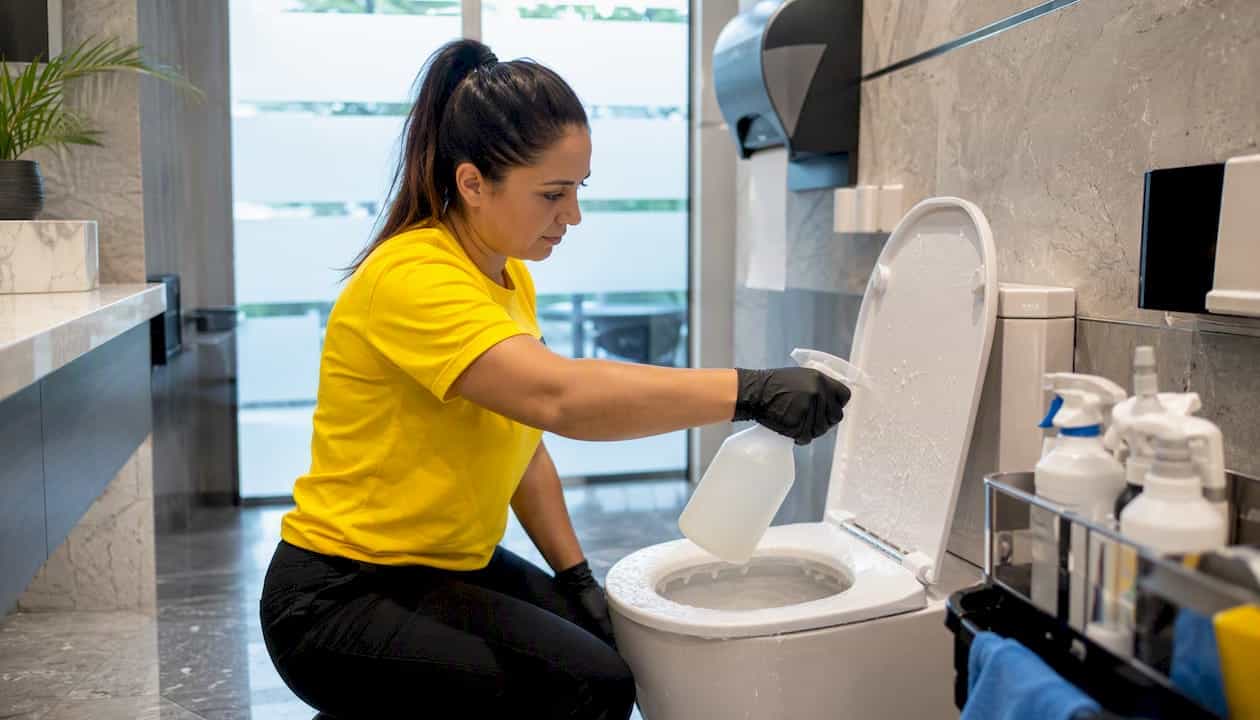 Cleaner applying disinfectant to commercial restroom toilet bowl