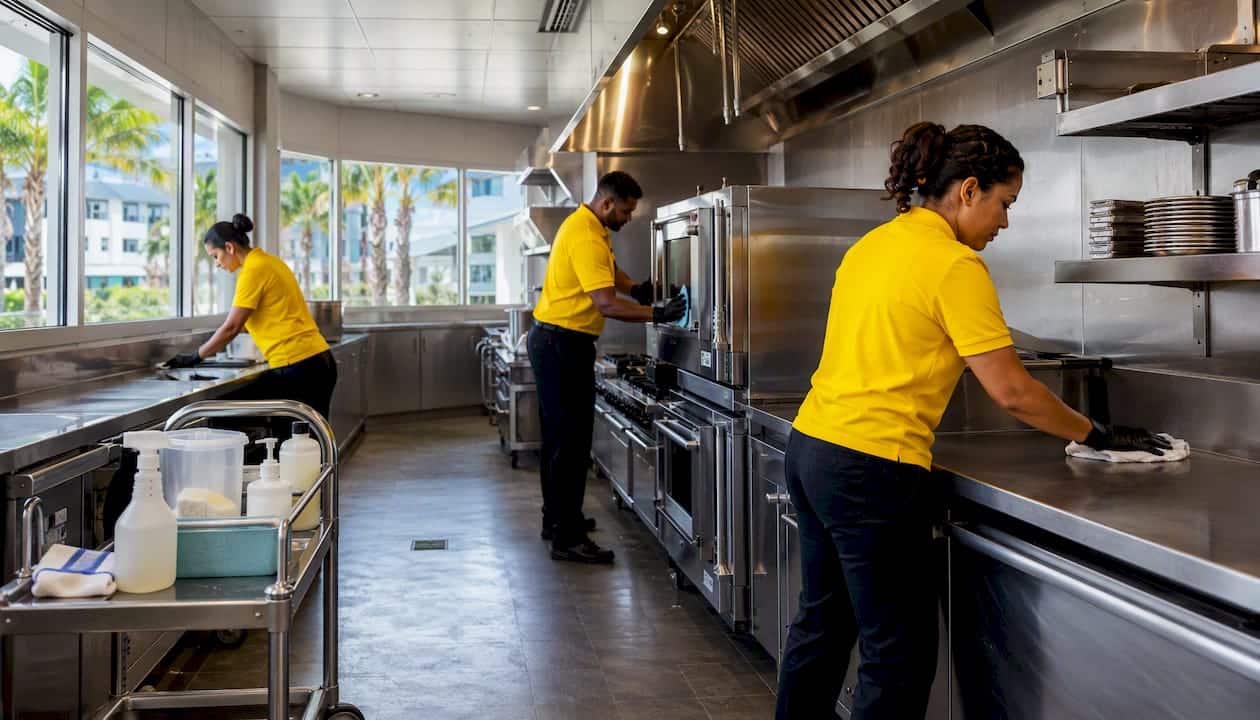 Cleaning crew degreasing restaurant kitchen surfaces