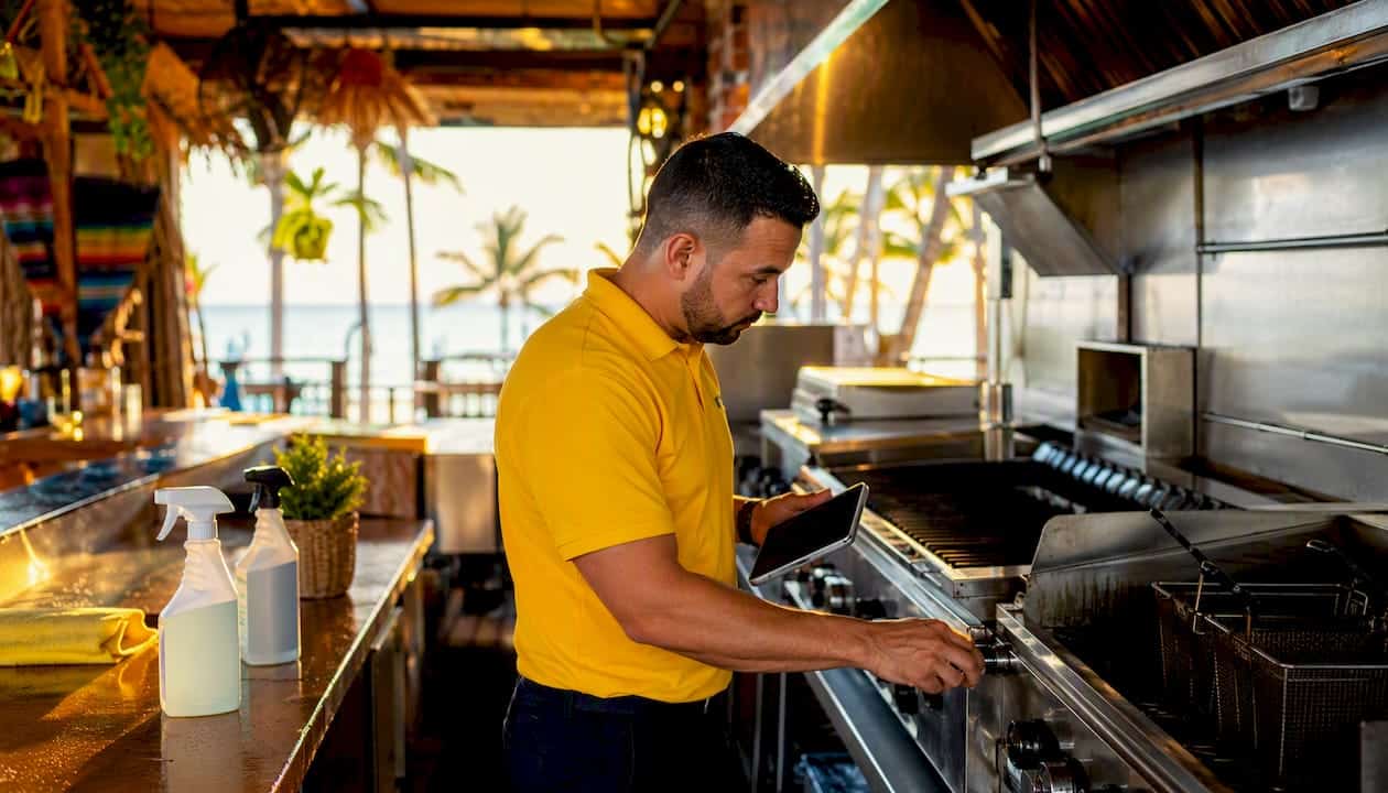 Cleaner inspecting restaurant kitchen equipment