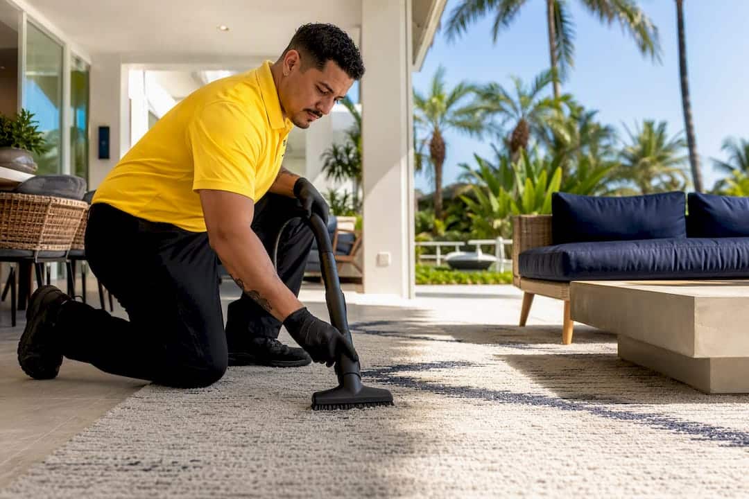 Cleaner using pet hair removal tool indoors