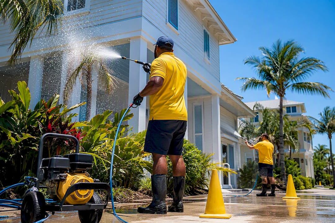 Cleaning crew working on Florida home exterior