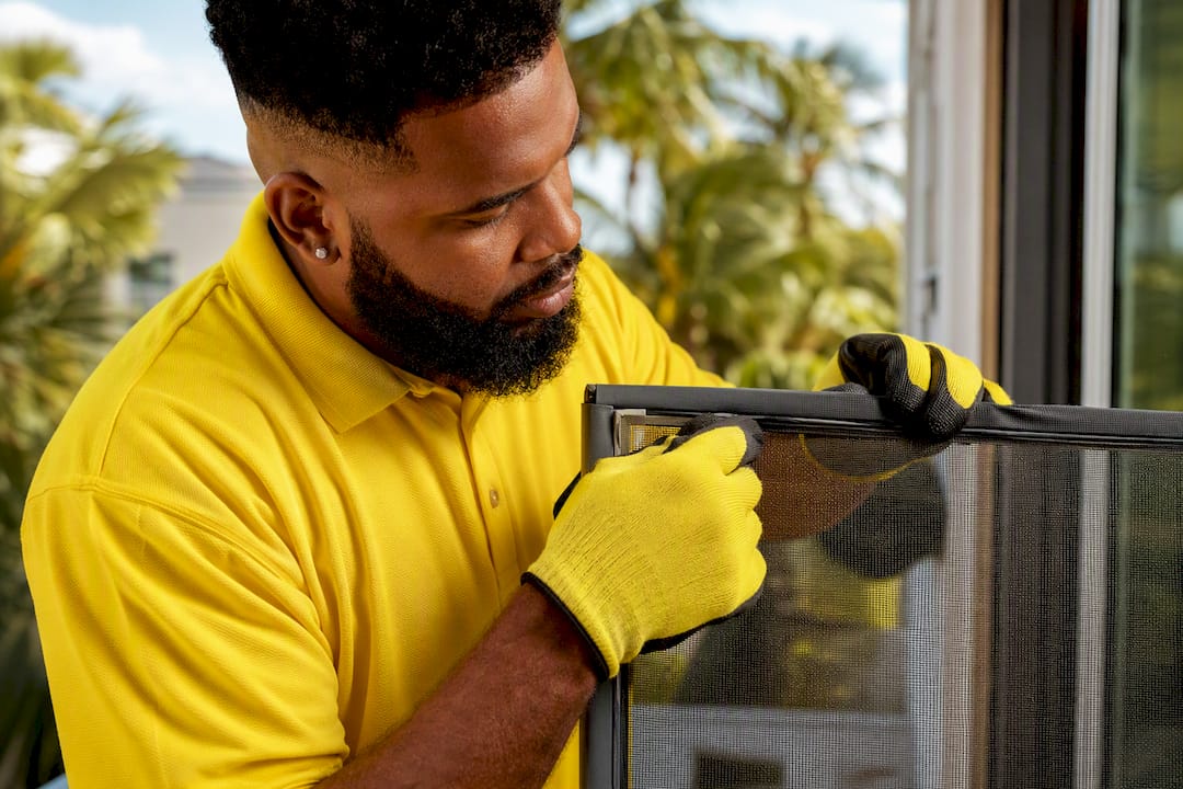 Hands inspecting spline and mesh on window screen frame