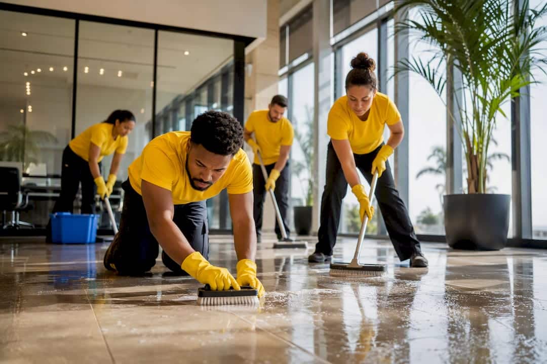 Cleaners scrubbing office floor in Tampa building