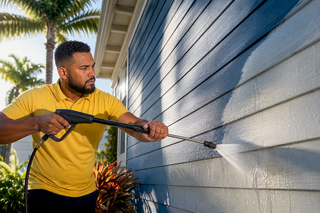 Crew pressure washing siding before painting